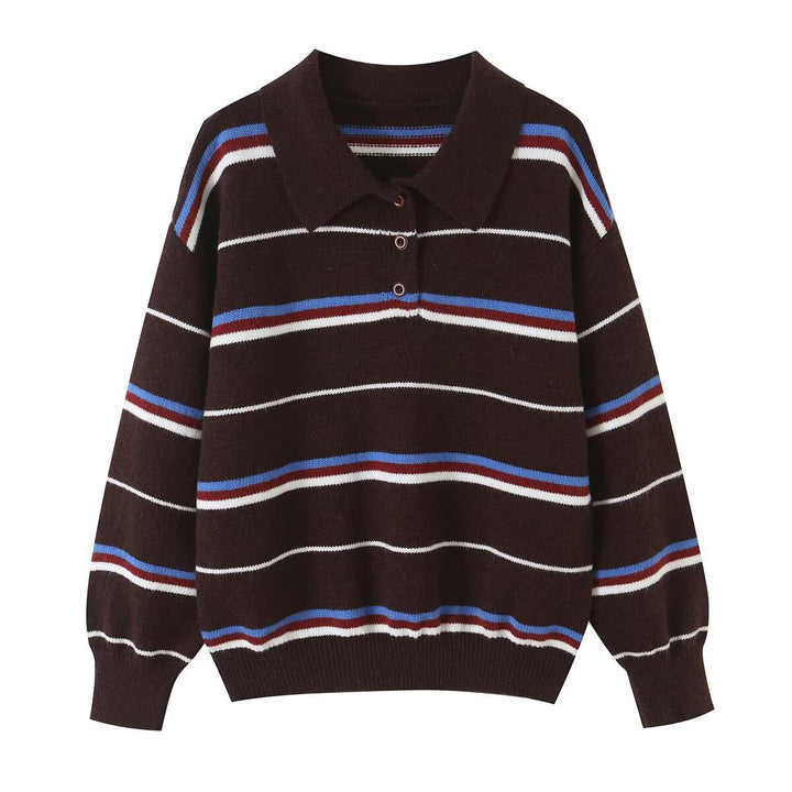 Damen Gestreifter Strickpolopullover mit kurzer Knopfleiste und Rippbündchen Echoarchiv