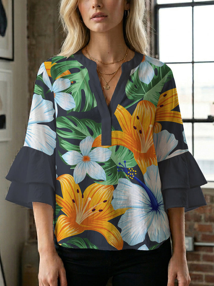 Damen Bluse mit voluminösen Rüschenärmeln und floralem Druck Echo Archiv
