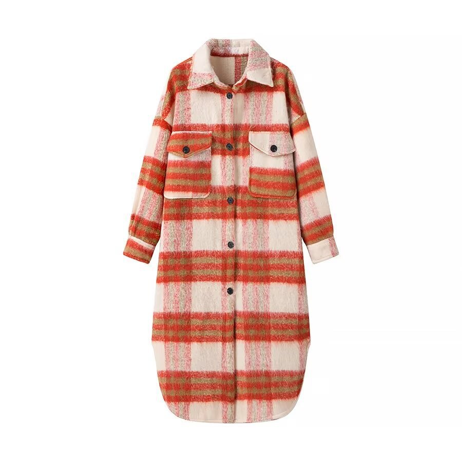 Damen Langer karierter Teddy‑Mantel in Shirtjacken‑Optik mit Hemdkragen und aufgesetzten Taschen Echo Archiv