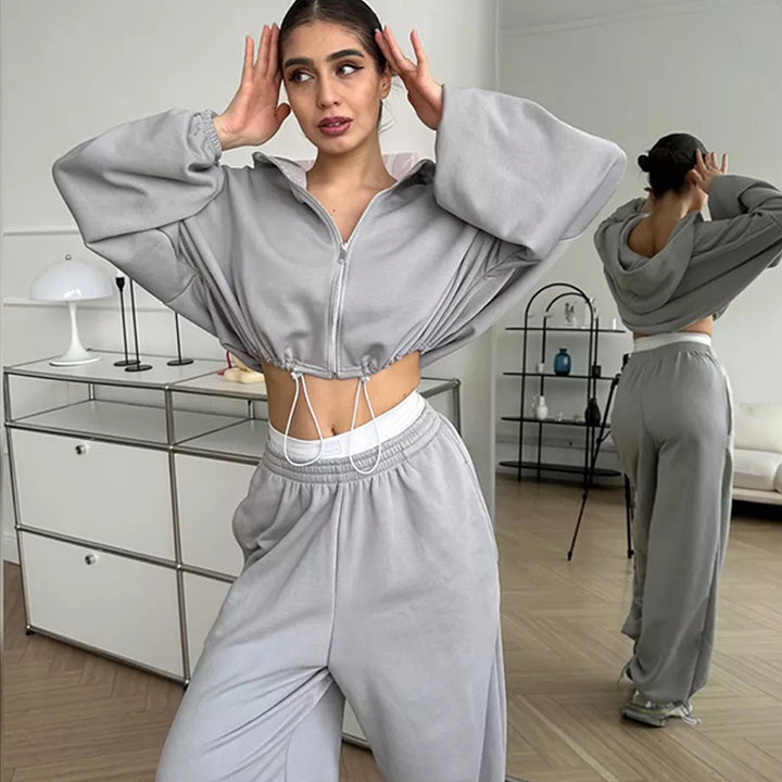 Damen nan cropped Reißverschluss-Hoodie mit Tunnelzugsaum und weitem Sweatpants-Schnitt Echo Archiv