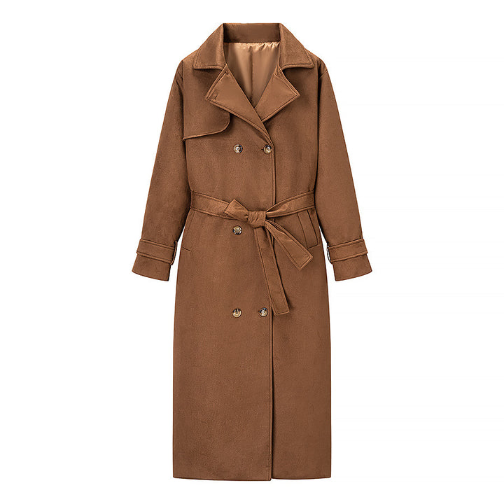 Damen Langer Doppelreihiger Mantel im Trenchcoat‑Stil mit Taillengürtel und Ärmelriegel Echo Archiv