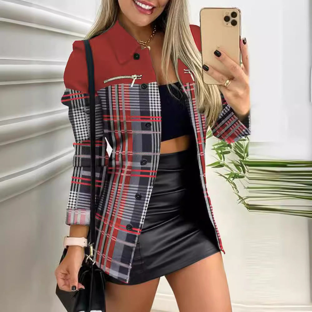 Damen nan karierter Longblazer im Shacket-Stil mit dekorativen Reißverschlüssen Echo Archiv