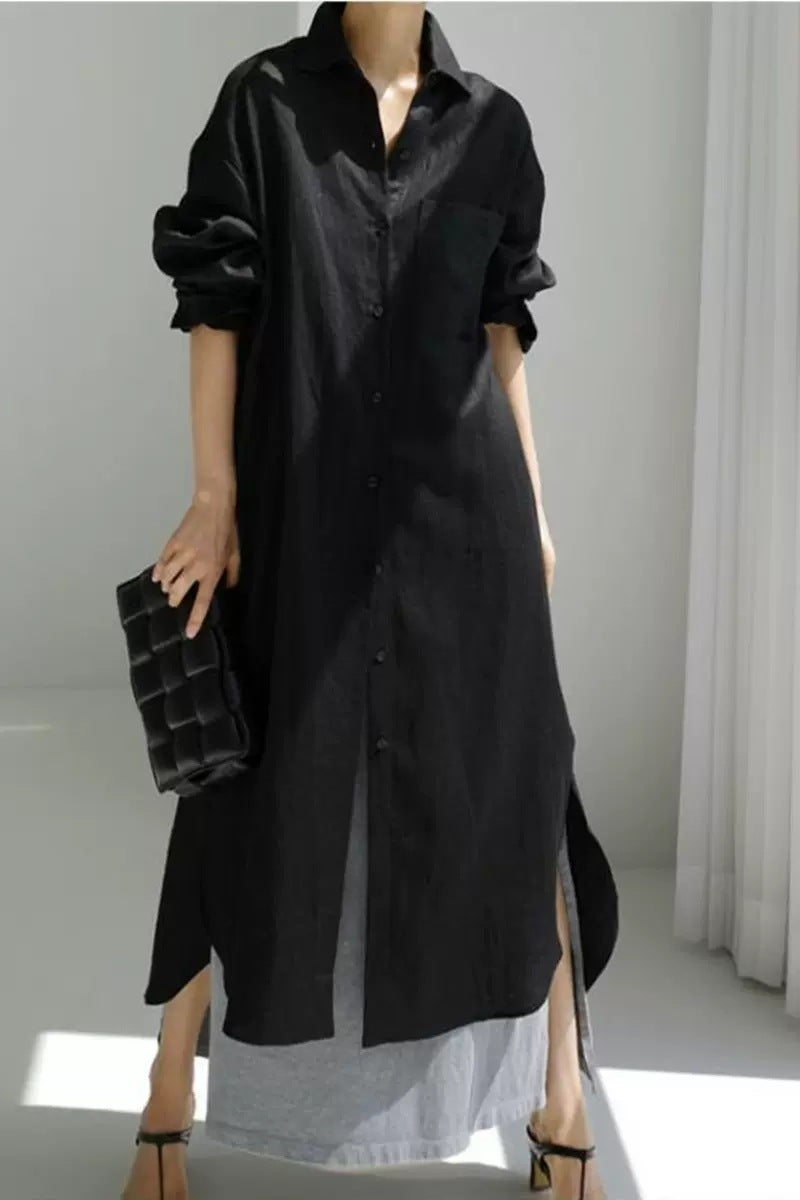 Damen Oversize-Leinen-Hemdmaxikleid mit Stehkragen, Krempelärmeln und hohen Seitenschlitzen – Valéora