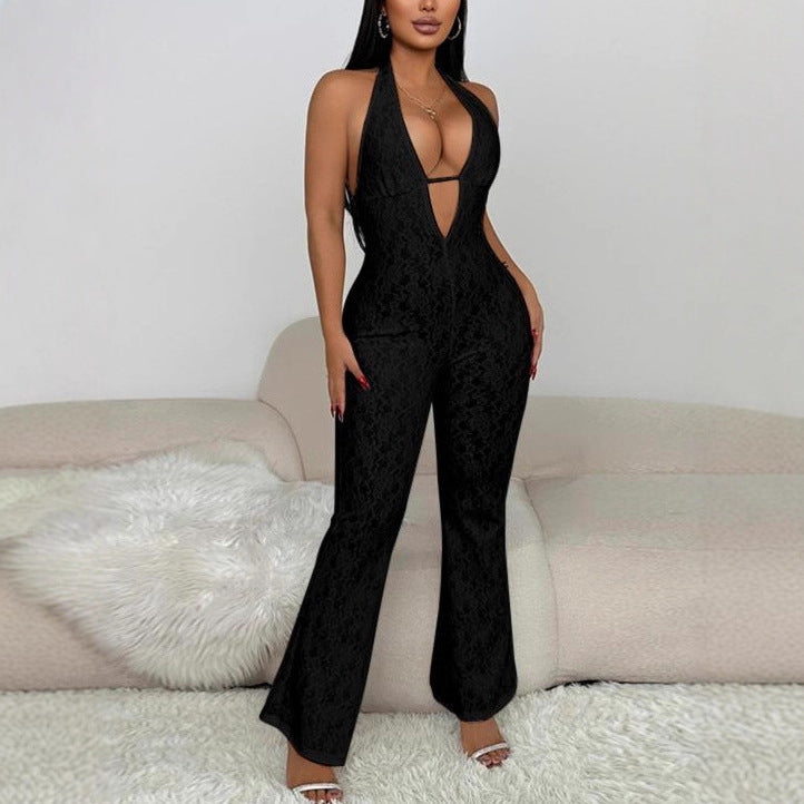Damen eleganter Jumpsuit mit tiefem V-Ausschnitt und Spitzendetails Echo Archiv