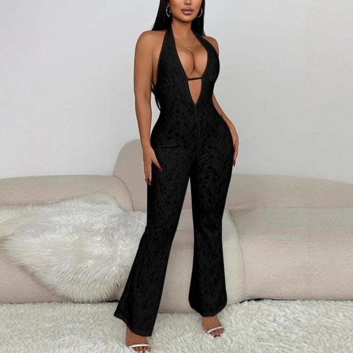 Damen eleganter Jumpsuit mit tiefem V-Ausschnitt und Spitzendetails Echo Archiv