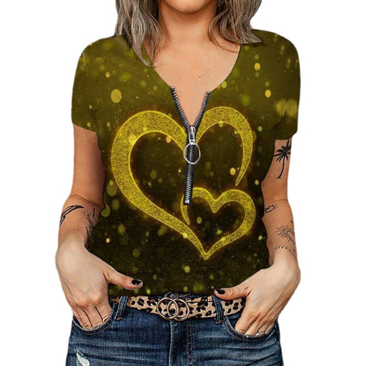Damen Stylisches T-Shirt mit goldfarbenem Herz-Design und Reißverschluss Echo Archiv