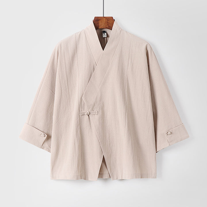 Herren Leinen-Kimono-Jacke mit traditionellem Knotenverschluss und mittel-langen Ärmeln Echoarchiv