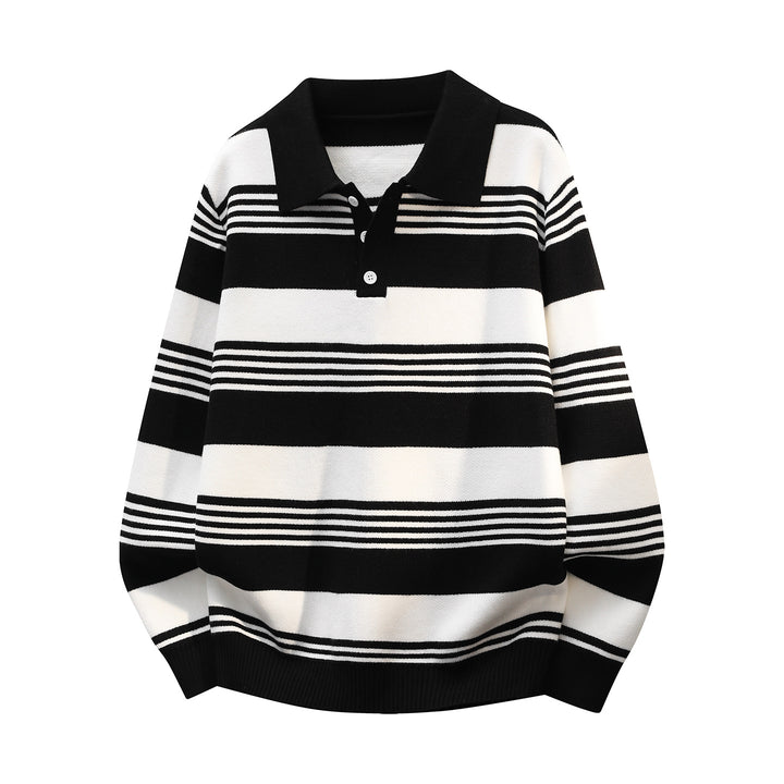 Damen Oversize Langarm-Polo-Strickpullover mit Retro-Streifen und Brustknopfleiste Echoarchiv