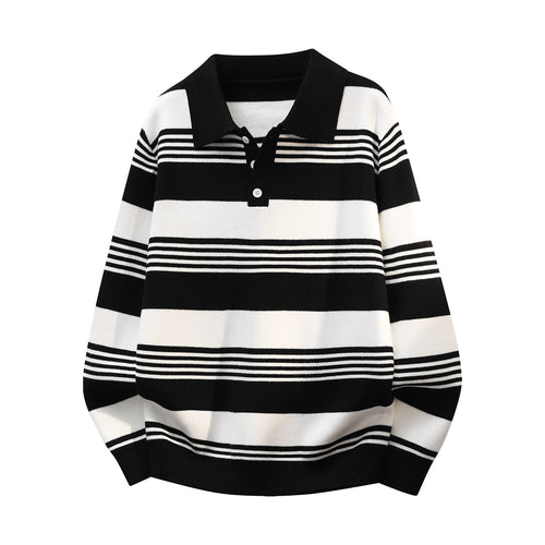 Damen Oversize Langarm-Polo-Strickpullover mit Retro-Streifen und Brustknopfleiste Echoarchiv