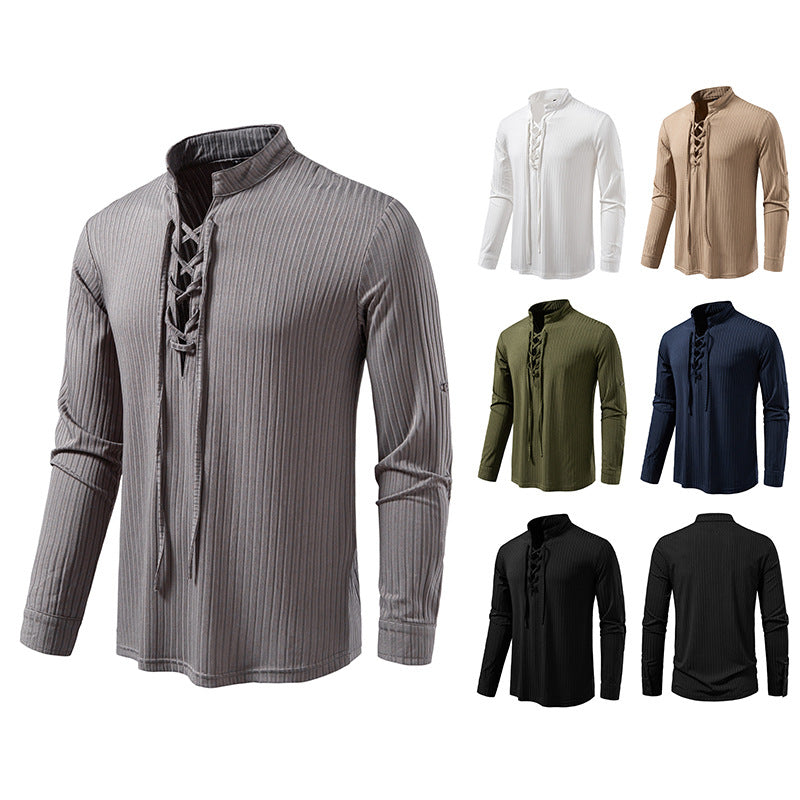 Herren Geripptes Langarm-Henleyshirt mit Schnürung und Stehkragen Echo Archiv