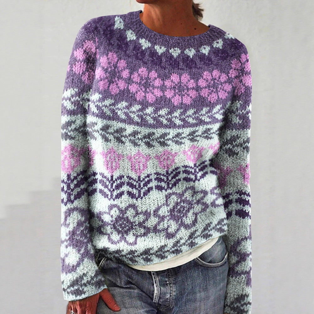 Damen nan melierter Rundhalsausschnittpullover mit kreisförmigem Jacquard-Yoke und geripptem Saum Echo Archiv