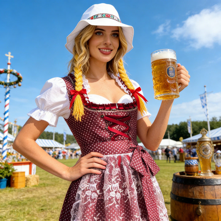 Damen nan traditionelles Dirndlkleid mit geschnürter Miederfront, Rüschenbluse und Spitzenapplikation Echo Archiv
