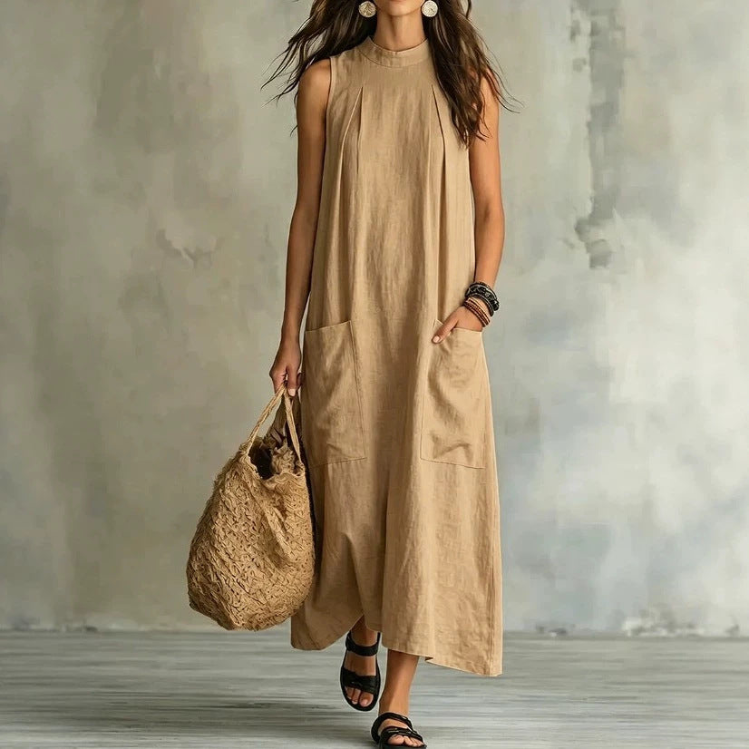 Damen nan ärmelloses Leinen-Maxikleid mit Stehkragen, Brustfalten und aufgesetzten Taschen Echo Archiv