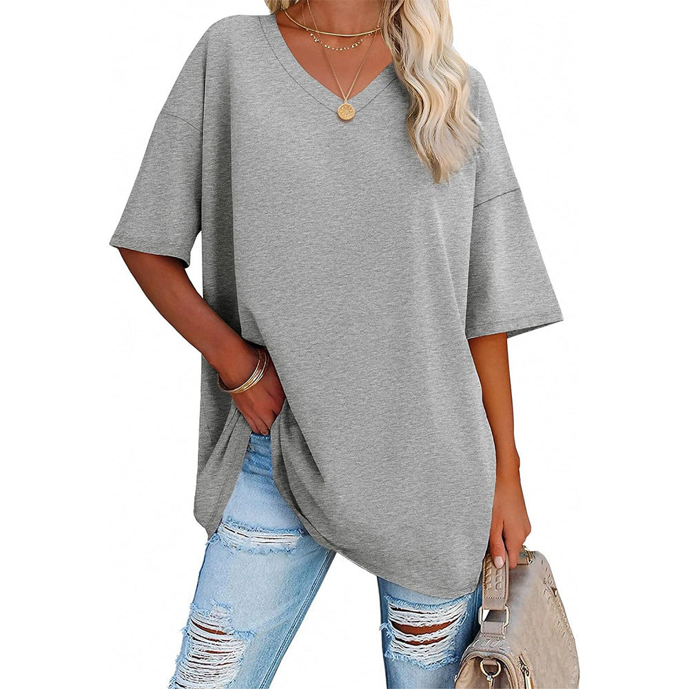 Damen Oversized T-Shirt mit V-Ausschnitt und seitlichen Schlitzen Echoarchiv