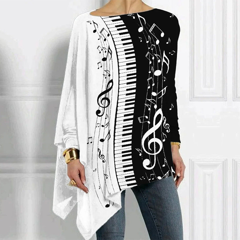 Damen Asymmetrisches Musikprint-Longsleeve mit Klavier- und Notenmotiv – Avérine
