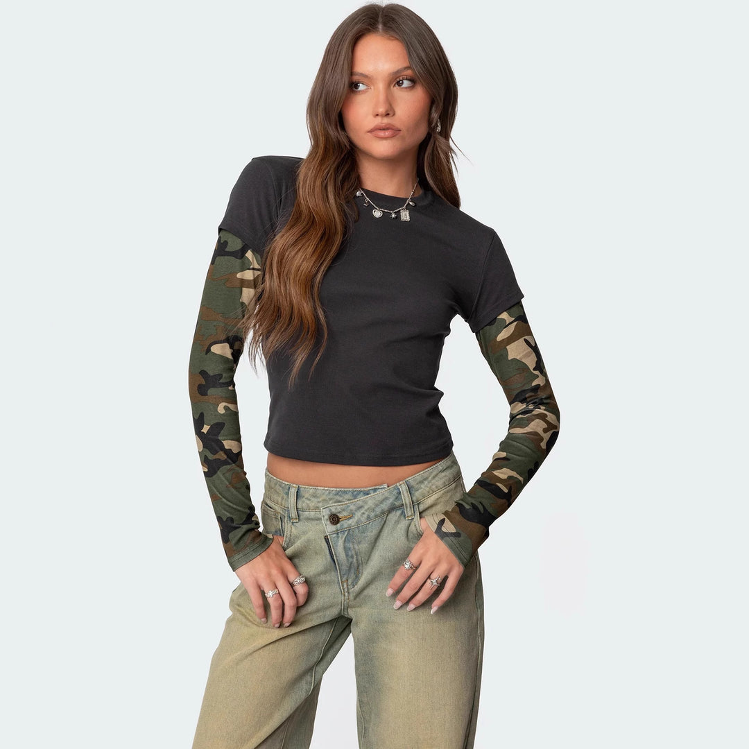 Damen modisches Langarmshirt mit einzigartigen Streifen und kurzem Schnitt Echo Archiv