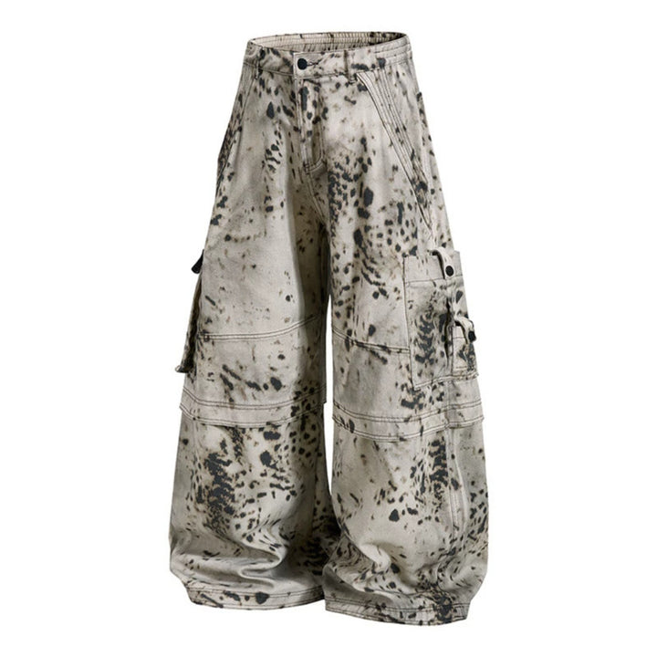 Damen weite Cargo-Culotte-Hose mit Batik-Splatterprint und Multi-Taschen Echoarchiv