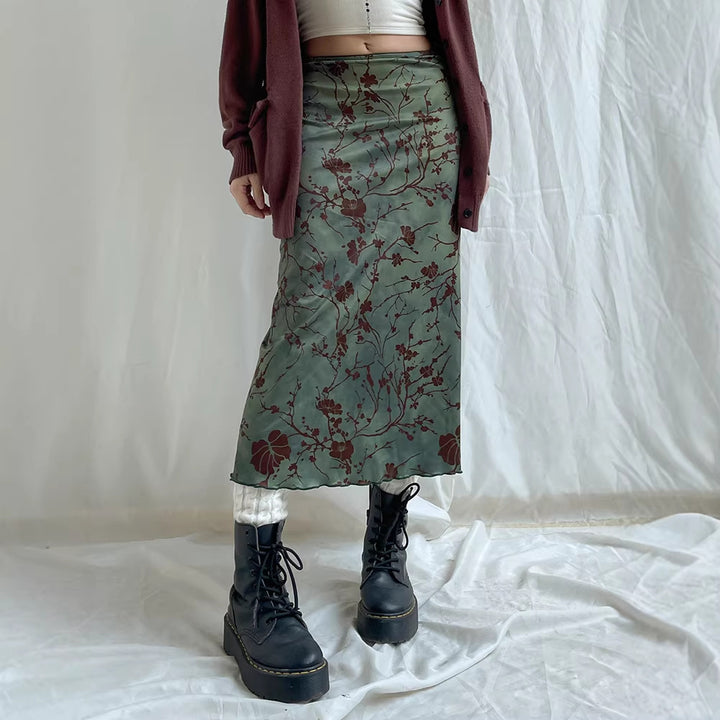 Damen Satin Midirock mit floraler Samtapplikation und schmaler Silhouette Echo Archiv