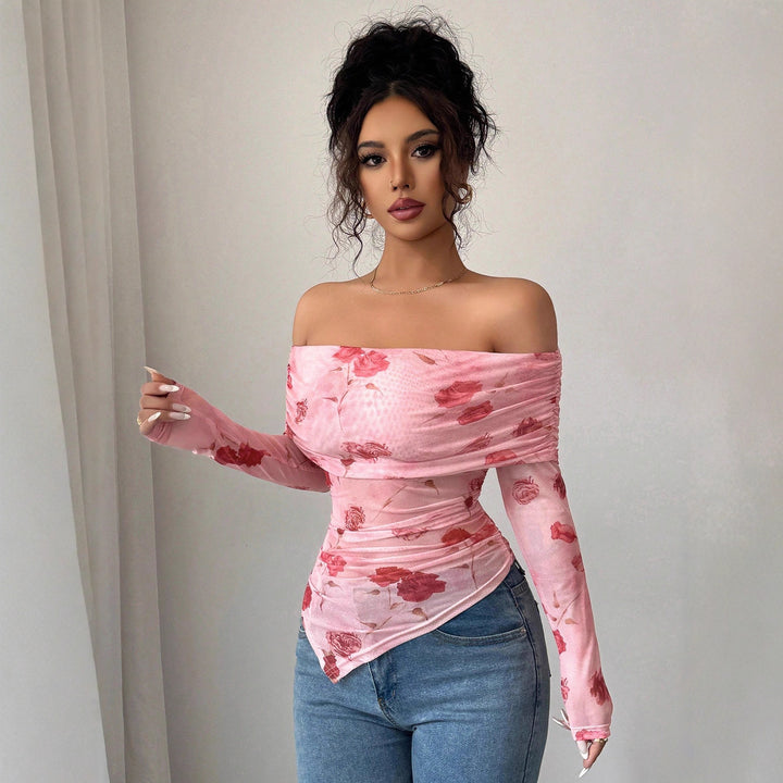 Damen nan schulterfreies gerafftes Langarm-Oberteil aus feinem Mesh mit floralem Print und taillierter Silhouette Echo Archiv