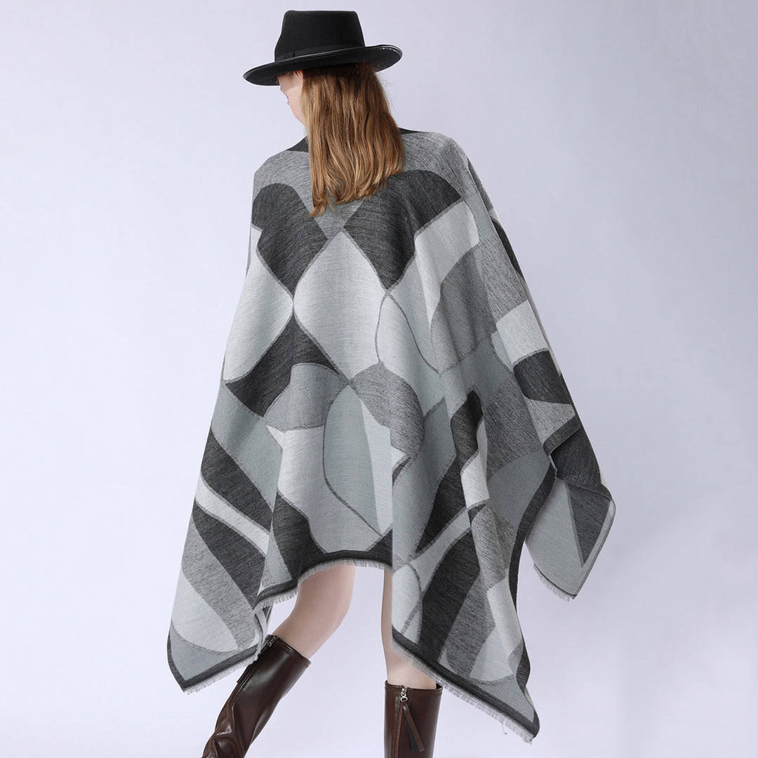 Damen Oversize-Poncho mit V-Ausschnitt und geometrischem Jacquard-Design Echo Archiv