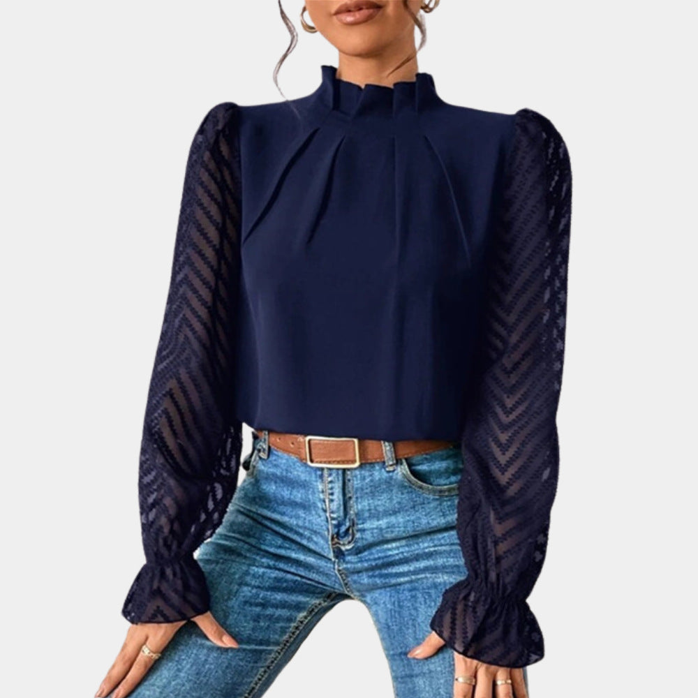 Damen Elegante Chiffonbluse mit Stehkragen, Faltenkante und transparenten Jacquard-Ärmeln – Élovi