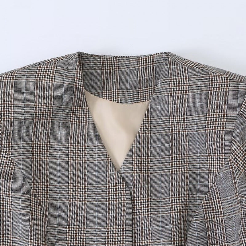 Damen Taillierte Glencheck-Blazerjacke mit V-Ausschnitt und Bindegürtel Echo Archiv