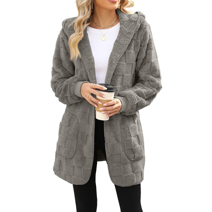 Damen nan kuschelige Kapuzen-Longjacke aus Teddyfleece mit aufgesetzten Taschen und strukturierter Karooptik Echo Archiv
