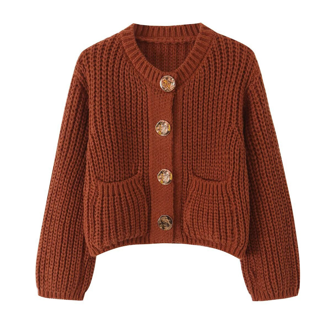 Damen Grobgestrickte Kurzstrickjacke mit großen Zierknöpfen und aufgesetzten Taschen Echo Archiv