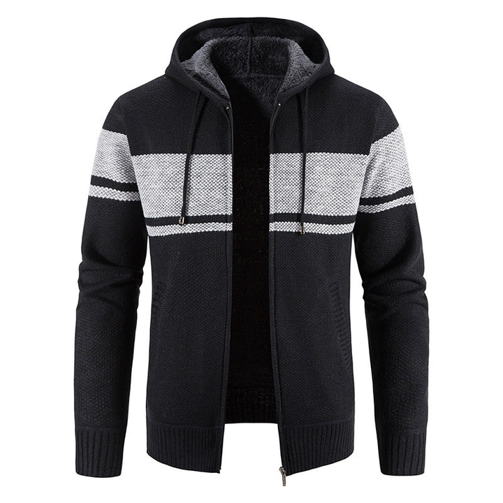 Herren Strickjacke mit Kapuze und kontrastierendem Streifenmuster Echoarchiv