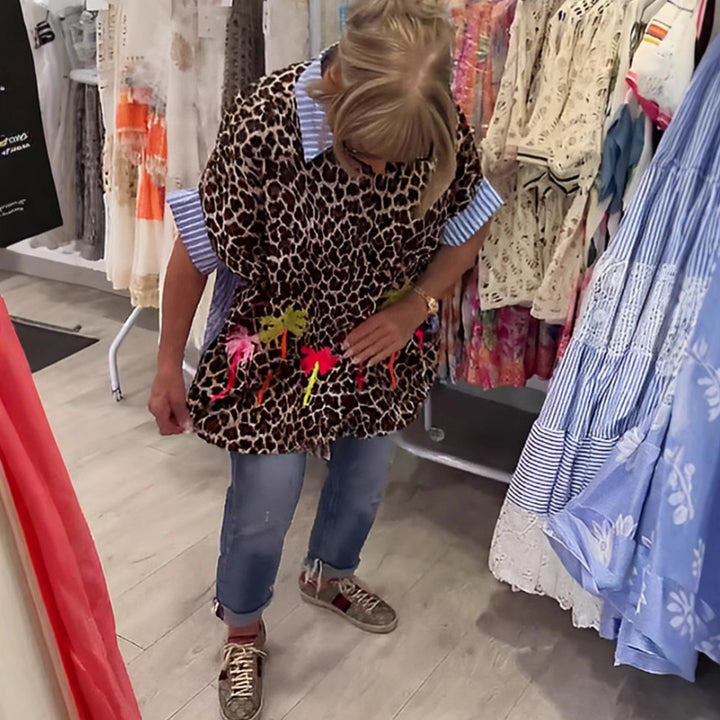 Damen nan weit geschnittene Poncho-Tunika mit Leoprint und dekorativen Flamingo-Applikationen Echo Archiv