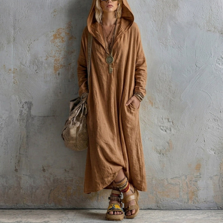 Damen Langes Kapuzenkleid im Boho-Look mit V-Ausschnitt, Eingrifftaschen und lockerem Fall Echoarchiv