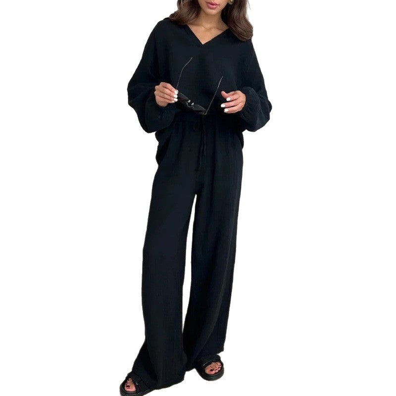 Damen Leichtes Crinkle-Lounge-Set mit V-Ausschnitt und weiter High-Waist-Hose Echo Archiv