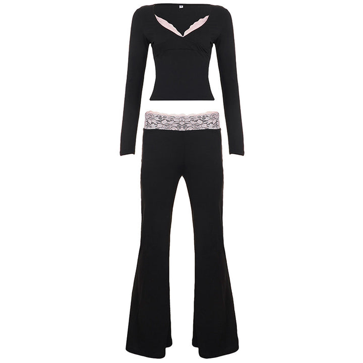 Damen Zweiteiliges Lounge-Set aus Stretchjersey mit V‑Ausschnitt Crop-Top und ausgestellter hochtaillierter Hose – Élanora