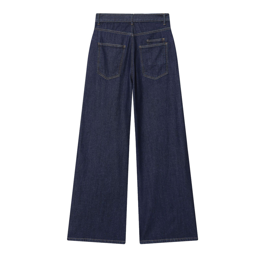 Damen hochgeschnittene Jeans mit weitem Bein, Stoffgürtel und großen Vordertaschen – Dénora