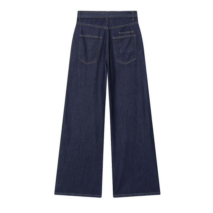 Damen hochgeschnittene Jeans mit weitem Bein, Stoffgürtel und großen Vordertaschen – Dénora