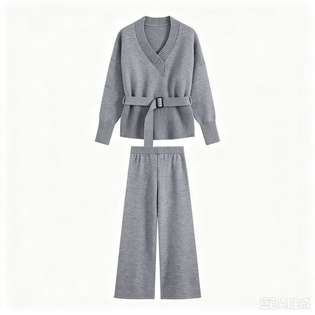 Damen Strick-Set mit V‑Ausschnitt, Taillengürtel und weiten Culotte-Hosen Echo Archiv