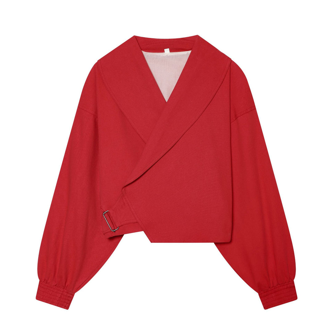 Damen kurze Wickeljacke mit großem Schalkragen, Taillengürtel und Ballonärmeln – Célinea