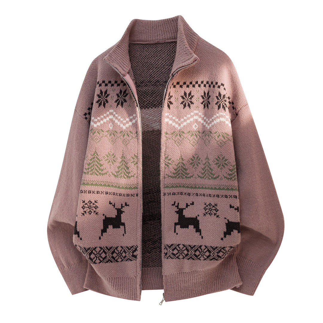 Unisex Zip-Strickjacke im Norwegerstil mit hohem Kragen und Kassettenmuster Echo Archiv