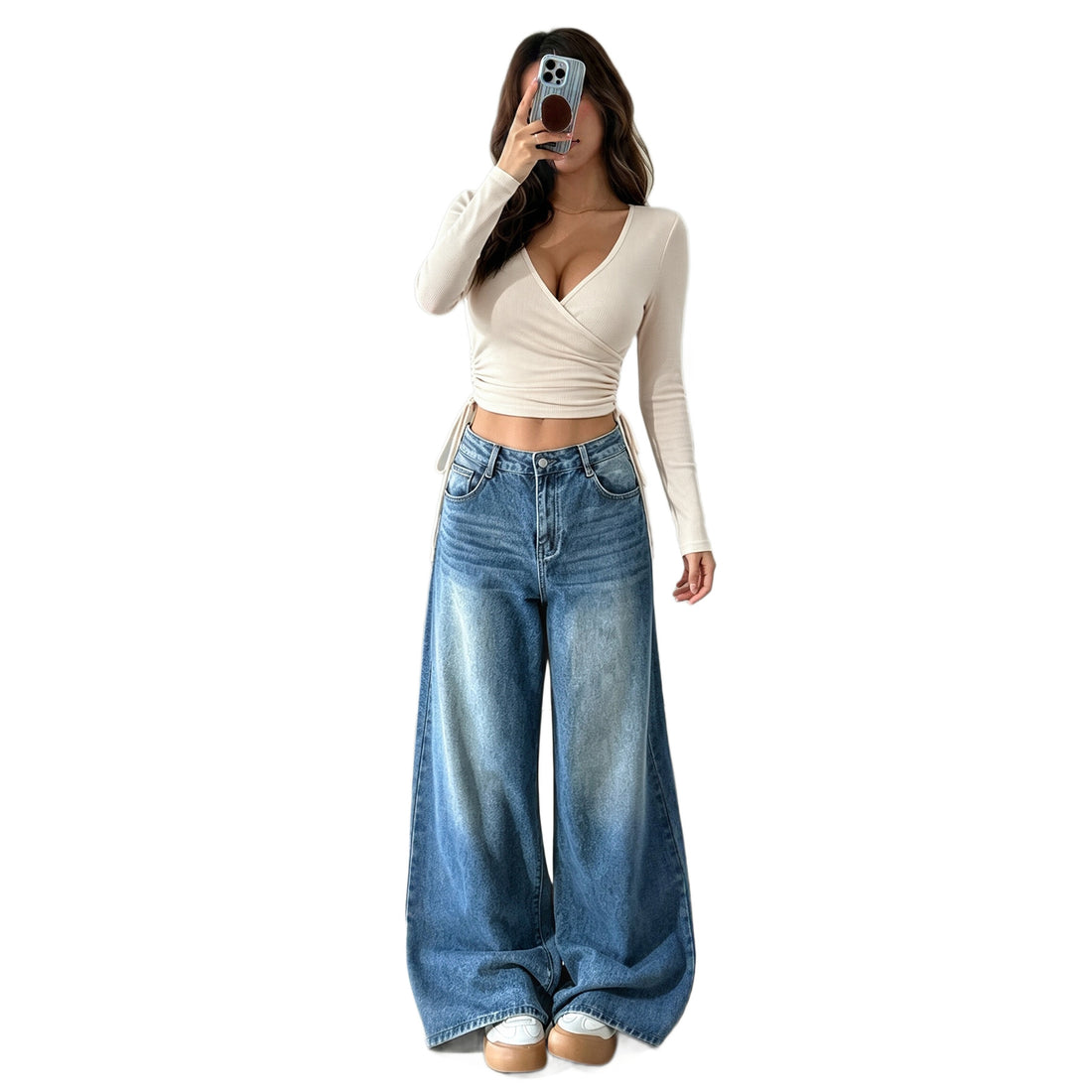 Damen geripptes Wickel-Crop-Top mit tiefem V‑Dekolleté, seitlicher Tunnelzugraffung und enganliegender Stretch-Passform – Avérine