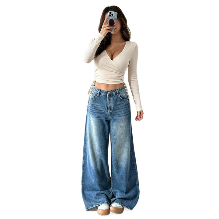 Damen geripptes Wickel-Crop-Top mit tiefem V‑Dekolleté, seitlicher Tunnelzugraffung und enganliegender Stretch-Passform – Avérine