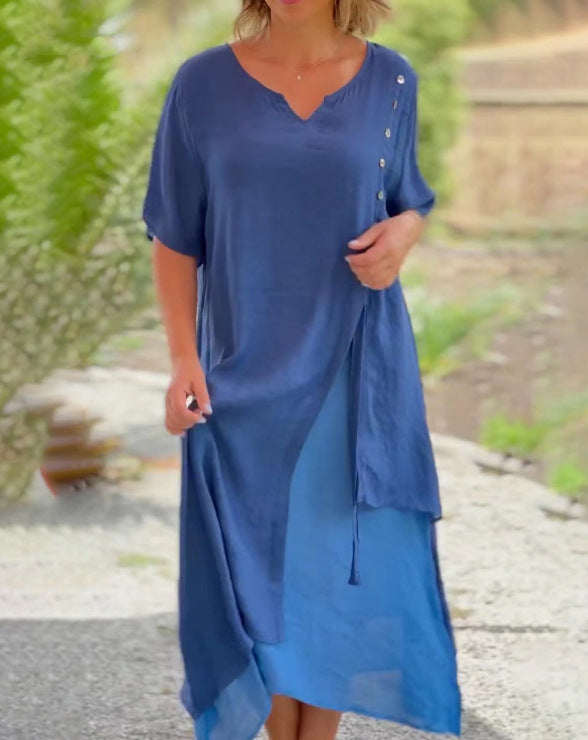 Damen nan zweilagiges Lagenkleid mit asymmetrischem Saum und Zierknopfleiste Echo Archiv