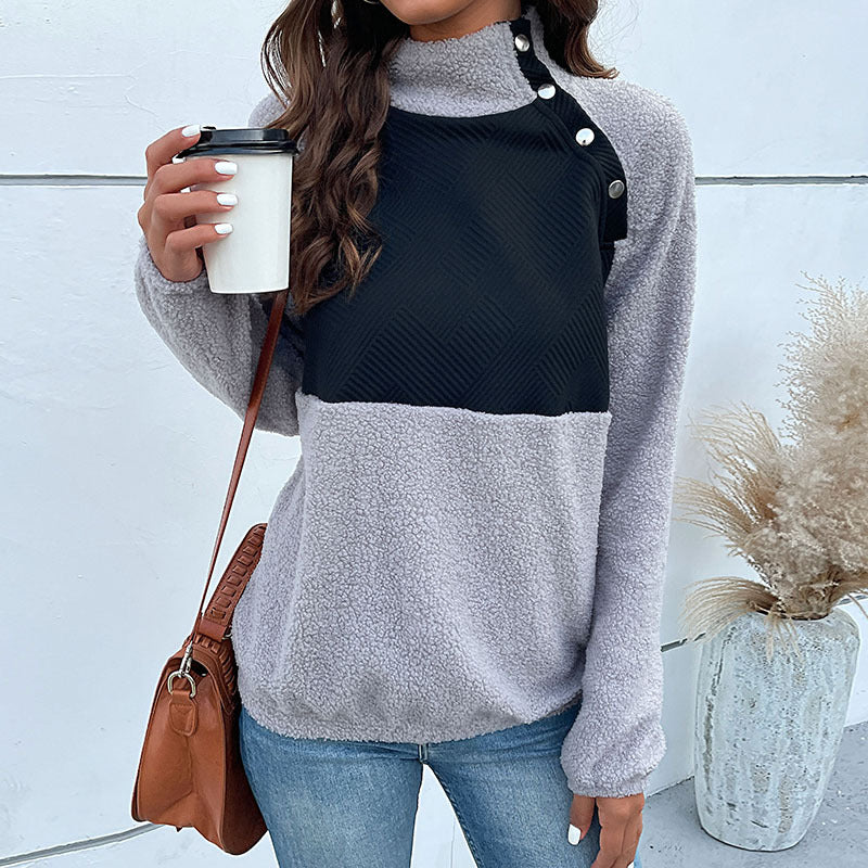 Damen Kuscheliger Teddy-Fleece-Pullover mit Stehkragen und Druckknopfleiste Echoarchiv