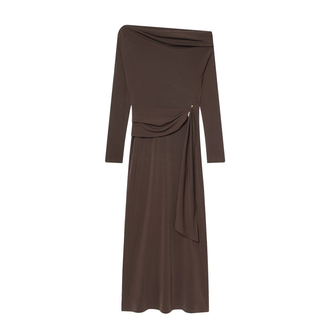 Damen elegantes Maxikleid mit asymmetrischem Ausschnitt und dekorativer Drapierung Echo Archiv