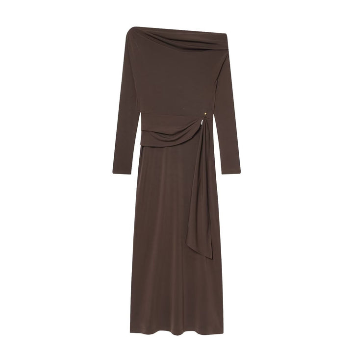 Damen elegantes Maxikleid mit asymmetrischem Ausschnitt und dekorativer Drapierung Echo Archiv