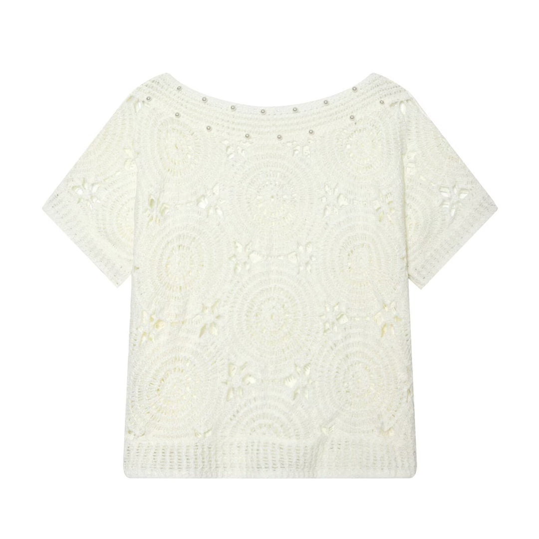 Damen Spitze T-Shirt mit luxuriöser Blumenstickerei und dekorativen Perlen Echo Archiv