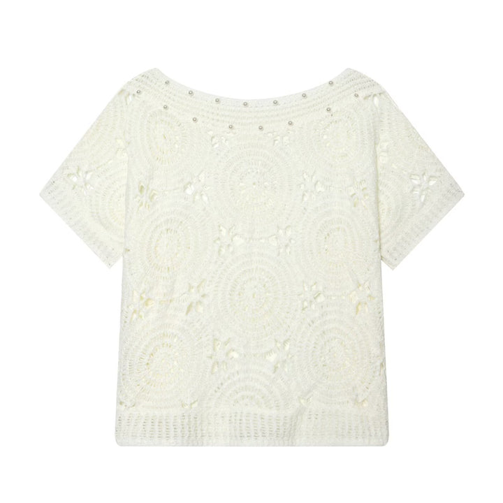 Damen Spitze T-Shirt mit luxuriöser Blumenstickerei und dekorativen Perlen Echo Archiv