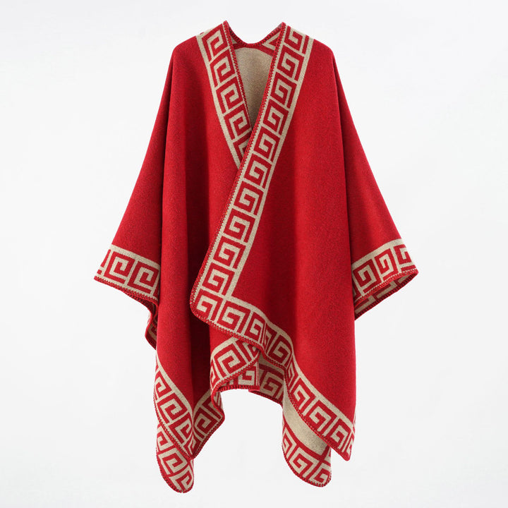 Damen Cape‑Poncho mit Mäander‑Bordüre und Wollmix‑Qualität – Montévia