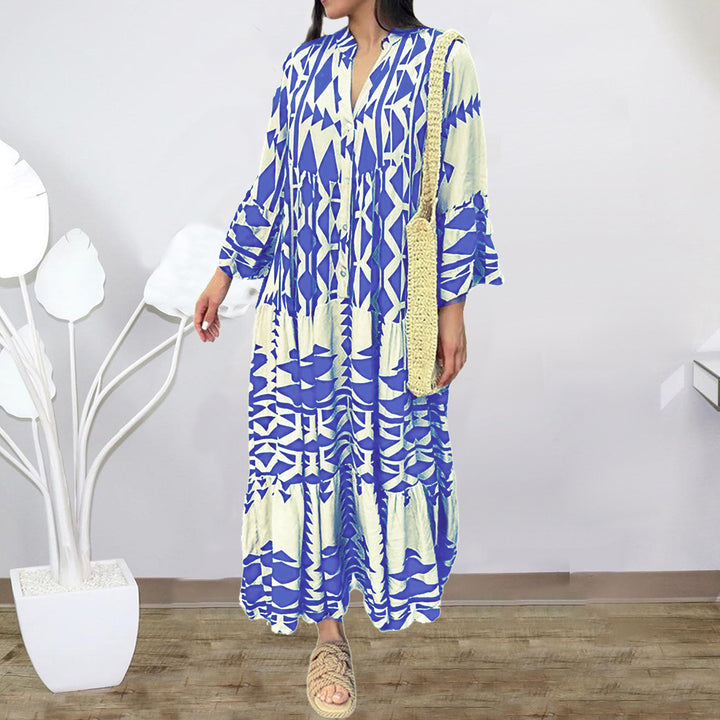 Damen Lockeres Maxikleid im Boho‑Stil mit grafischem Print, V‑Ausschnitt und Knopfleiste Echo Archiv