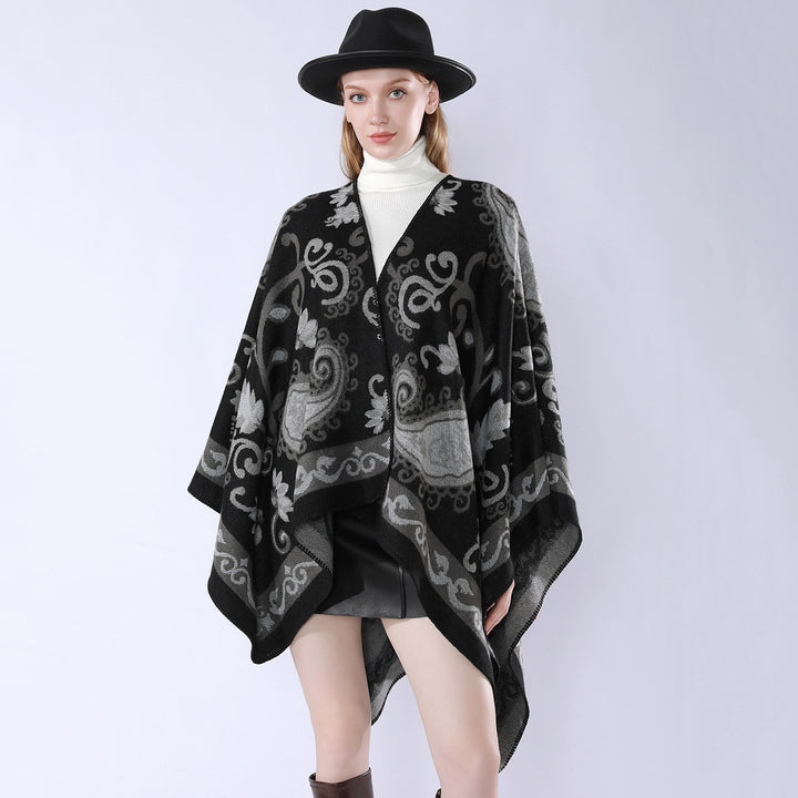 Damen Wollmix-Poncho-Umhang mit Paisley-Jacquard und Ziernaht – Célinea