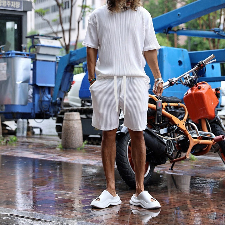 Herren nan lässiges Waffeljersey-Set mit weitem Oberteil und Tunnelzug-Shorts Echo Archiv